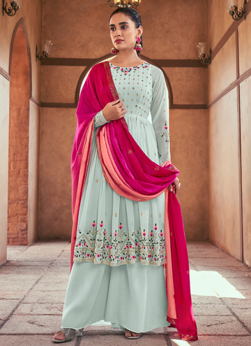 Delightful Sky Blue Multi Thread Work Georgette Palazzo Suit